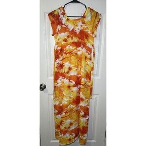 Vintage Sears Hawaiian Fashions Empire Waist Palm Tree Maxi Orange/Yellow SZ 14